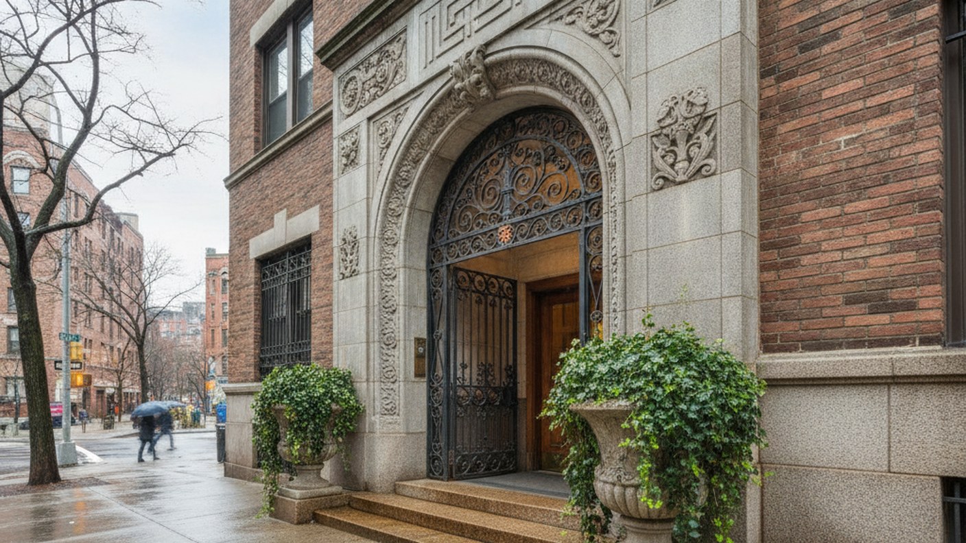 prewar apartment building entrance with stone details in Brooklyn, cloudy afternoon