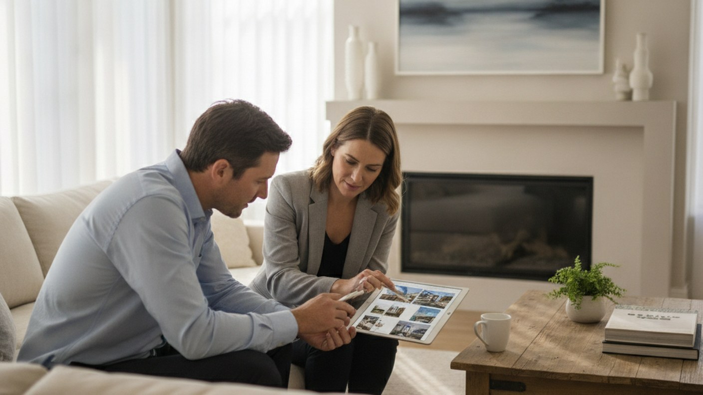 real estate agent and client reviewing listings on a tablet in a bright living room