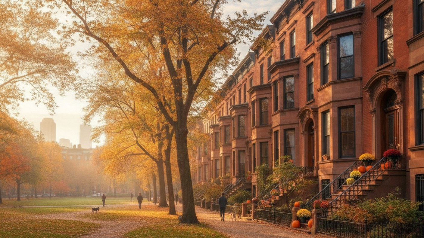 brownstone townhouses facing a green park in Brooklyn, autumn morning