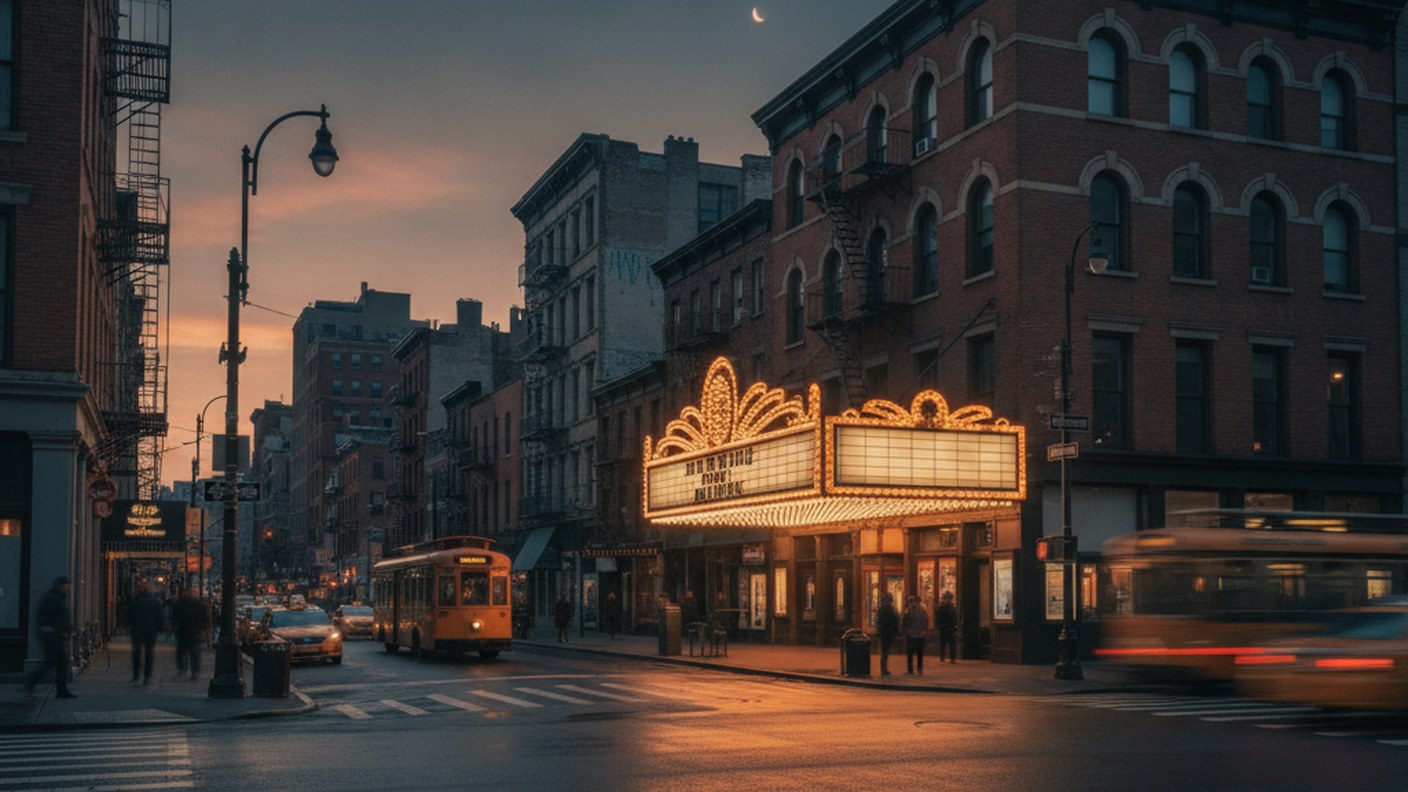 theater marquee lights glowing on a Brooklyn street corner at dusk