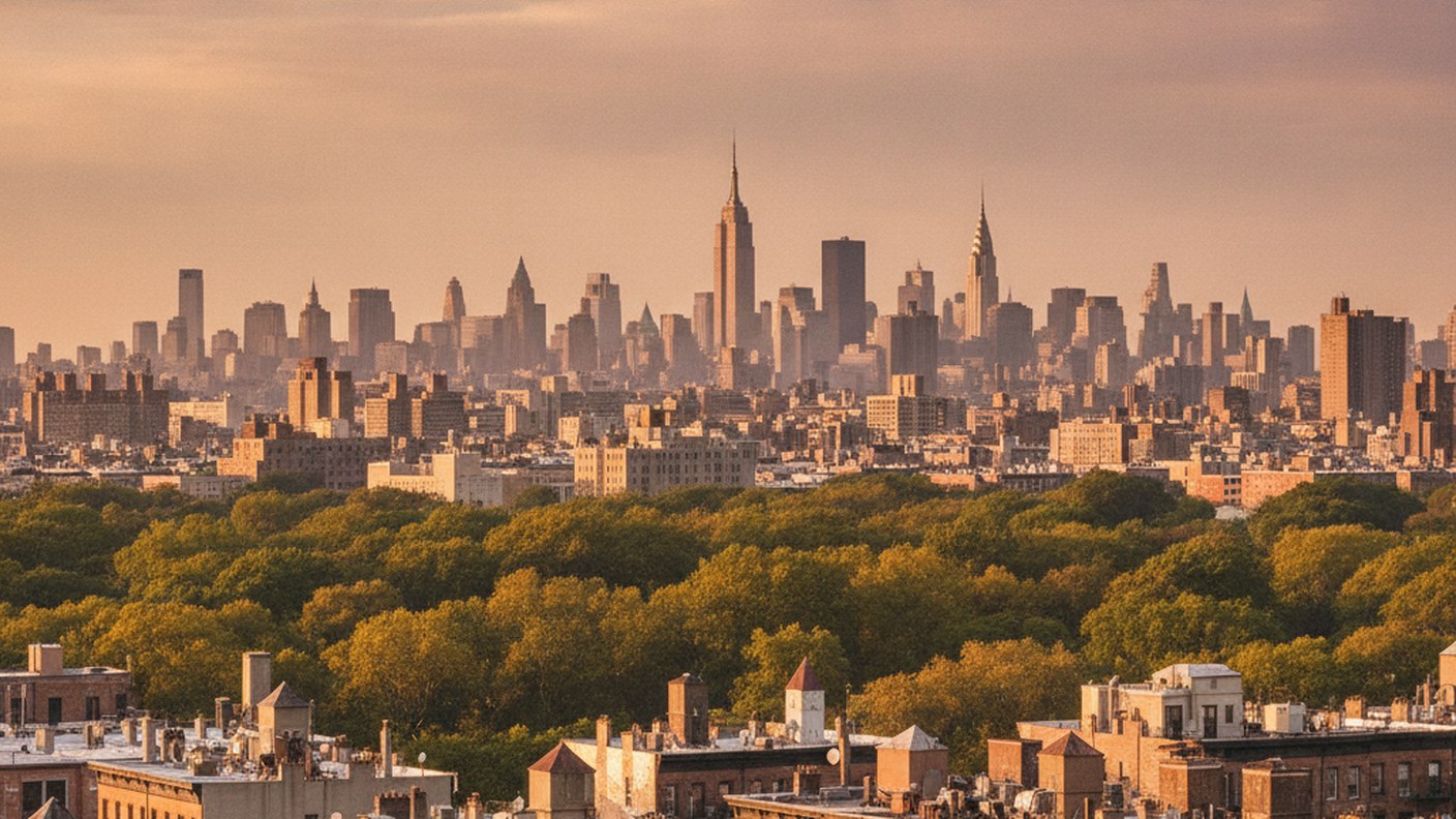 wide view of Fort Greene rooftops with park trees and distant skyline, warm light