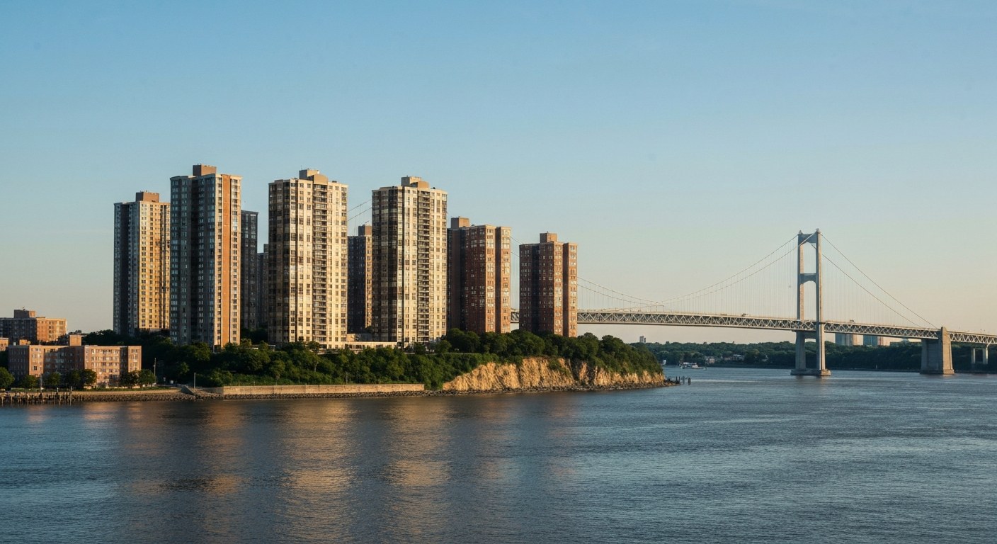 cluster of tall residential apartment towers on a bluff above a wide river in New Jersey, a long sus