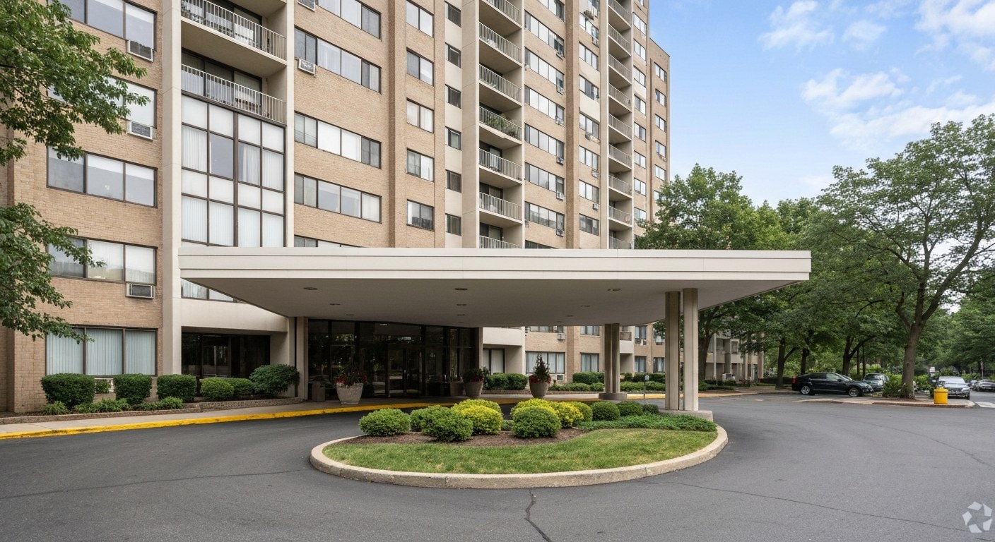 high-rise apartment building lobby entrance with a canopy and landscaped driveway in New Jersey, mid