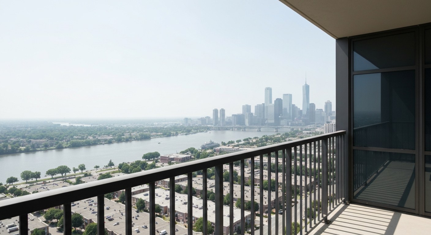 view from a high floor apartment balcony looking over a river toward a distant city skyline, railing