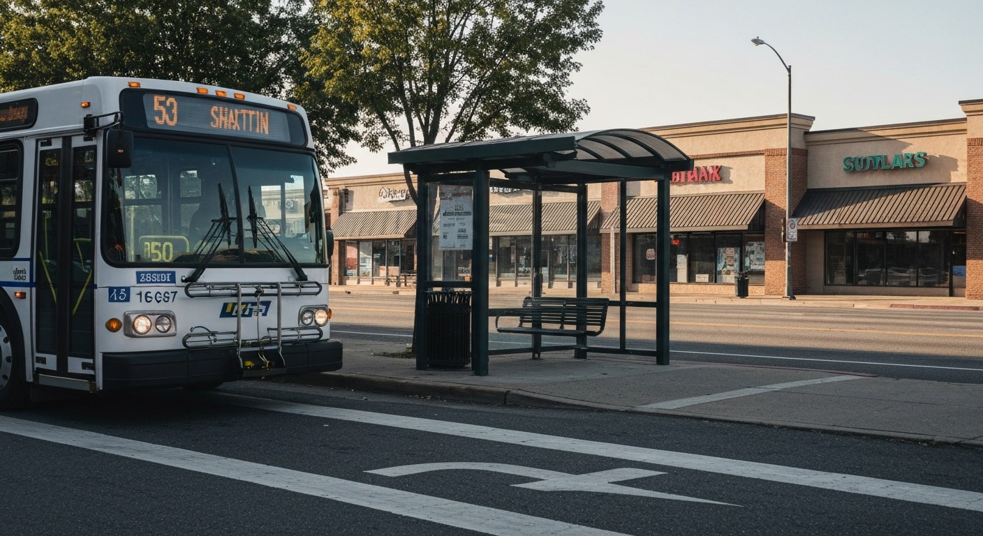 city bus at a suburban bus stop with a shelter, commercial street with storefronts behind, morning l