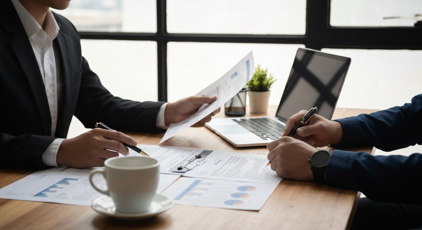 professional real estate consultation with printed documents, a laptop and a coffee cup on a wooden