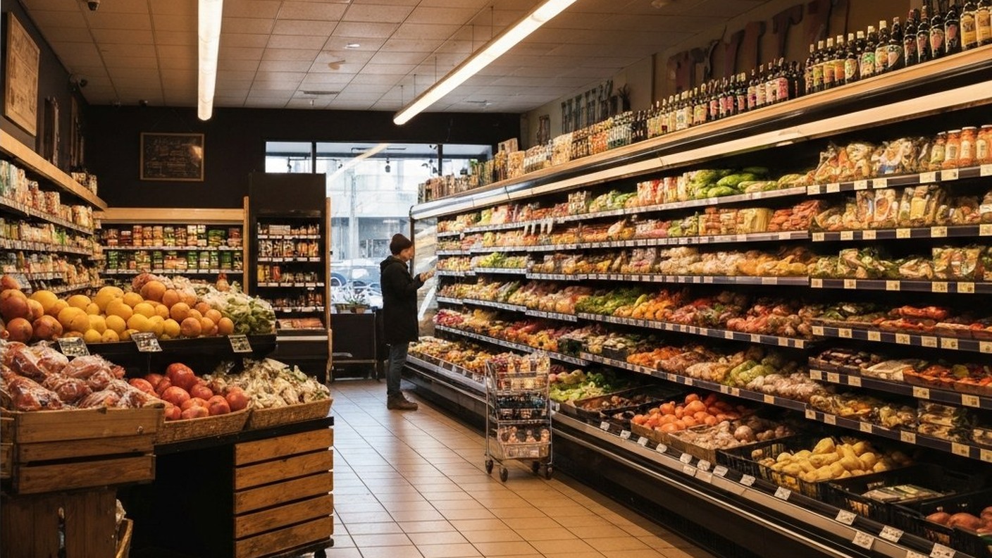 small neighborhood grocery store interior with produce shelves and warm lighting, a customer browsin