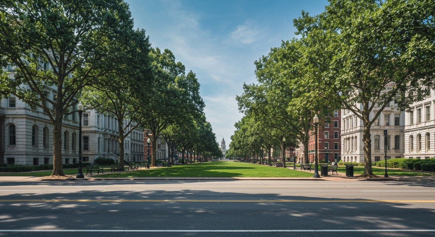 wide tree lined boulevard with grand historic buildings and green lawns, sunny