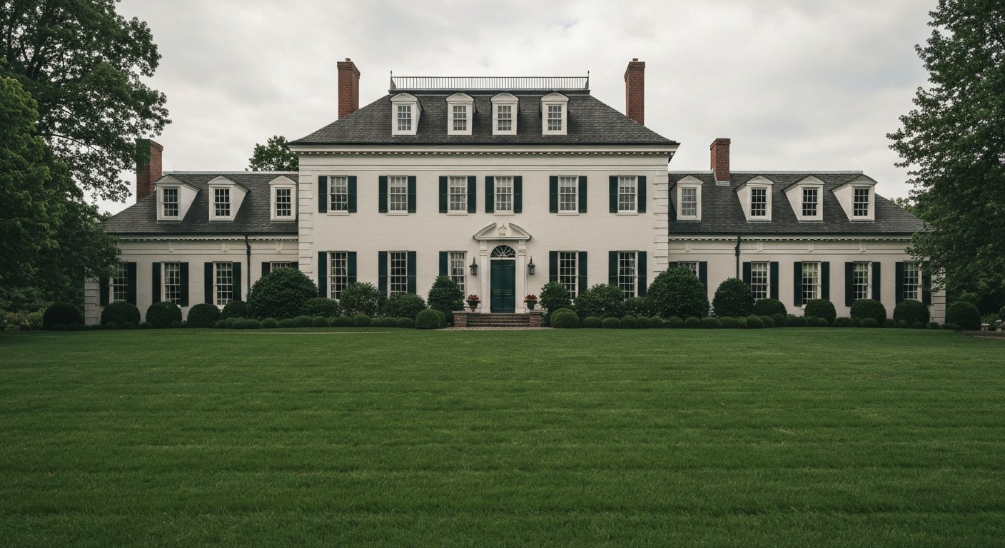 large center hall colonial house with symmetrical windows and manicured lawn