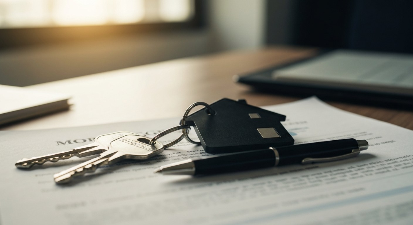 house keys and mortgage documents on a table with a pen, warm daylight