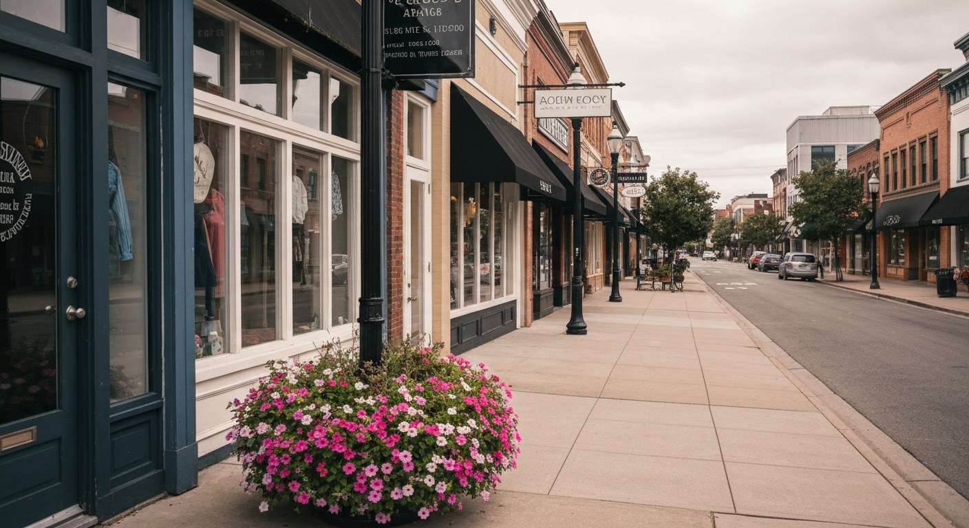 charming shopping street with boutique storefronts and flower planters