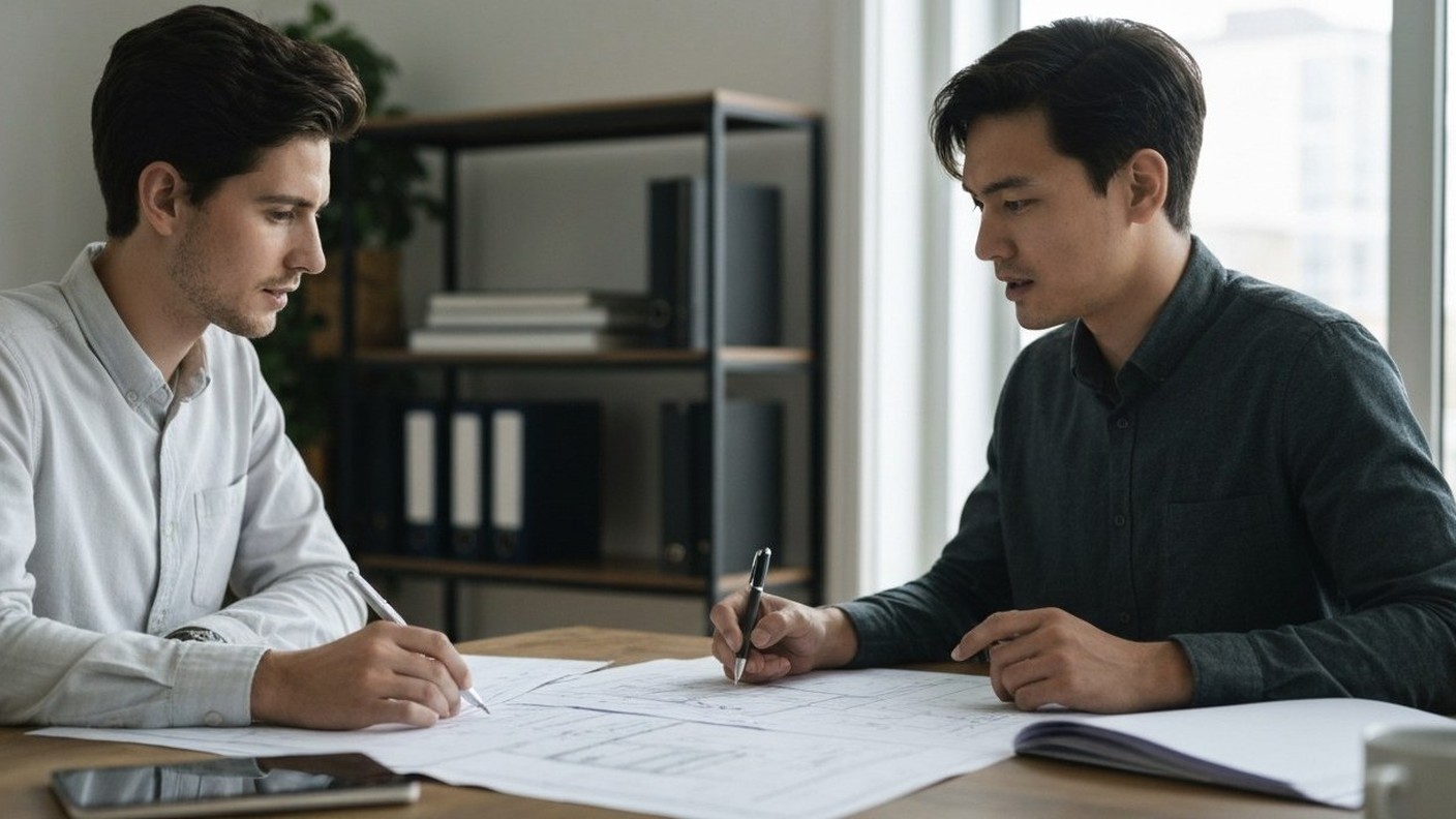 architect reviewing house renovation plans with a homeowner at a table