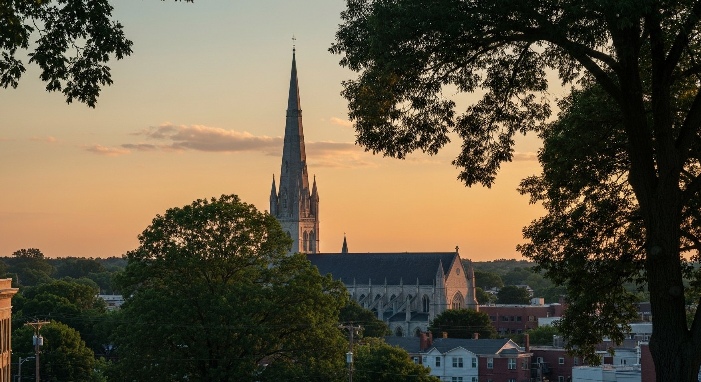 historic cathedral spire above tree canopy at sunset, suburban town