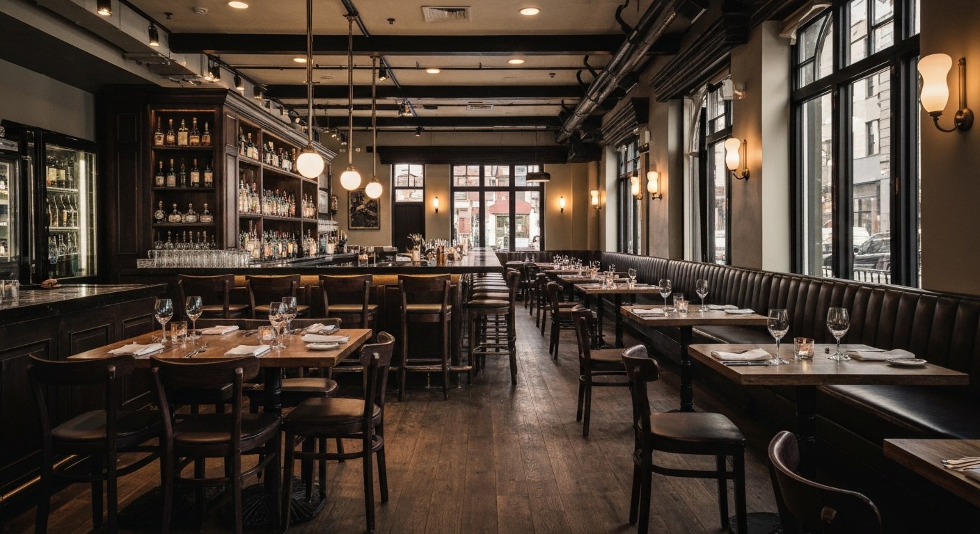elegant bistro interior with bar and dining tables, evening ambience