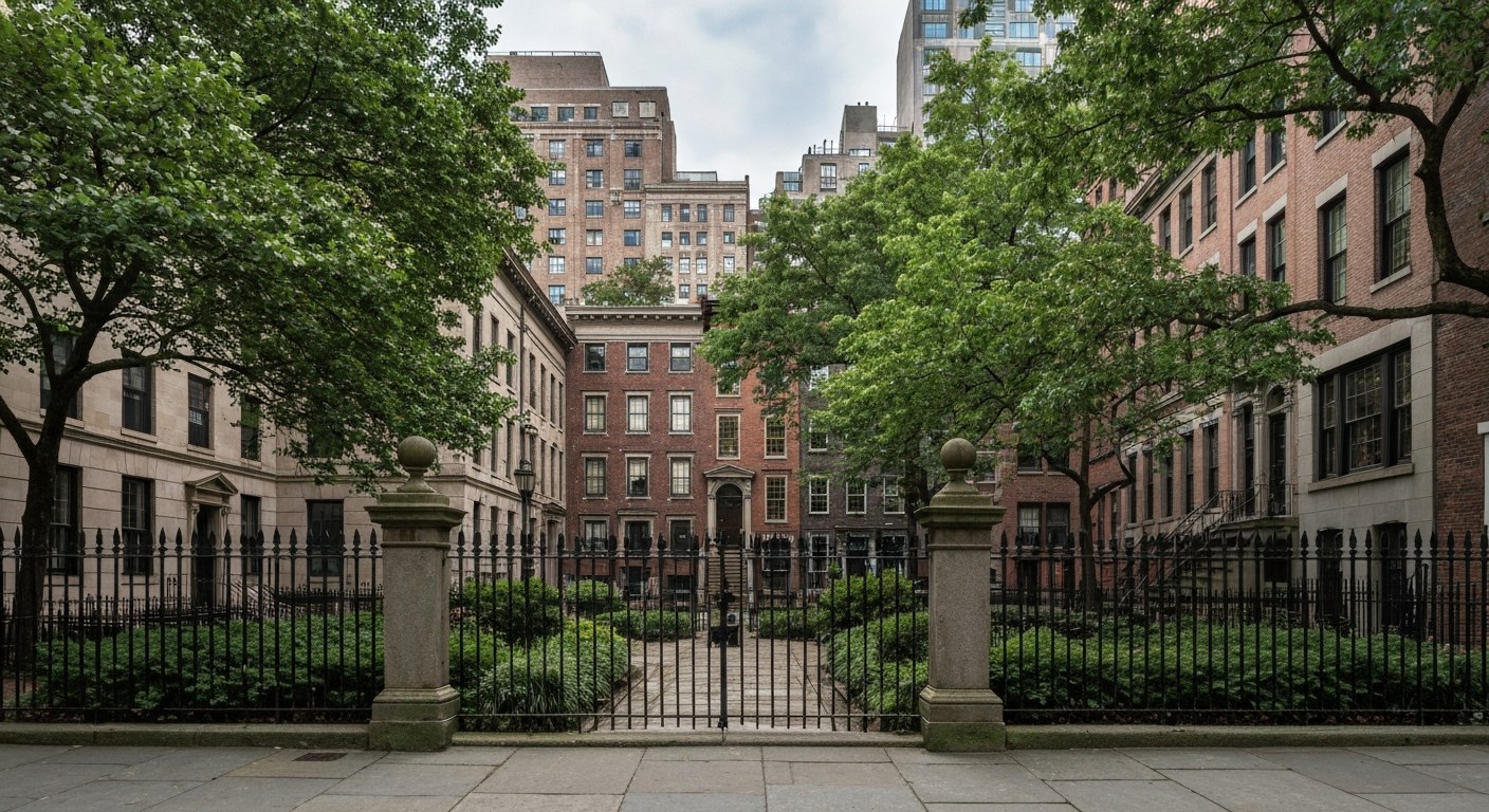 quiet leafy square surrounded by historic townhouses with iron fence, New York