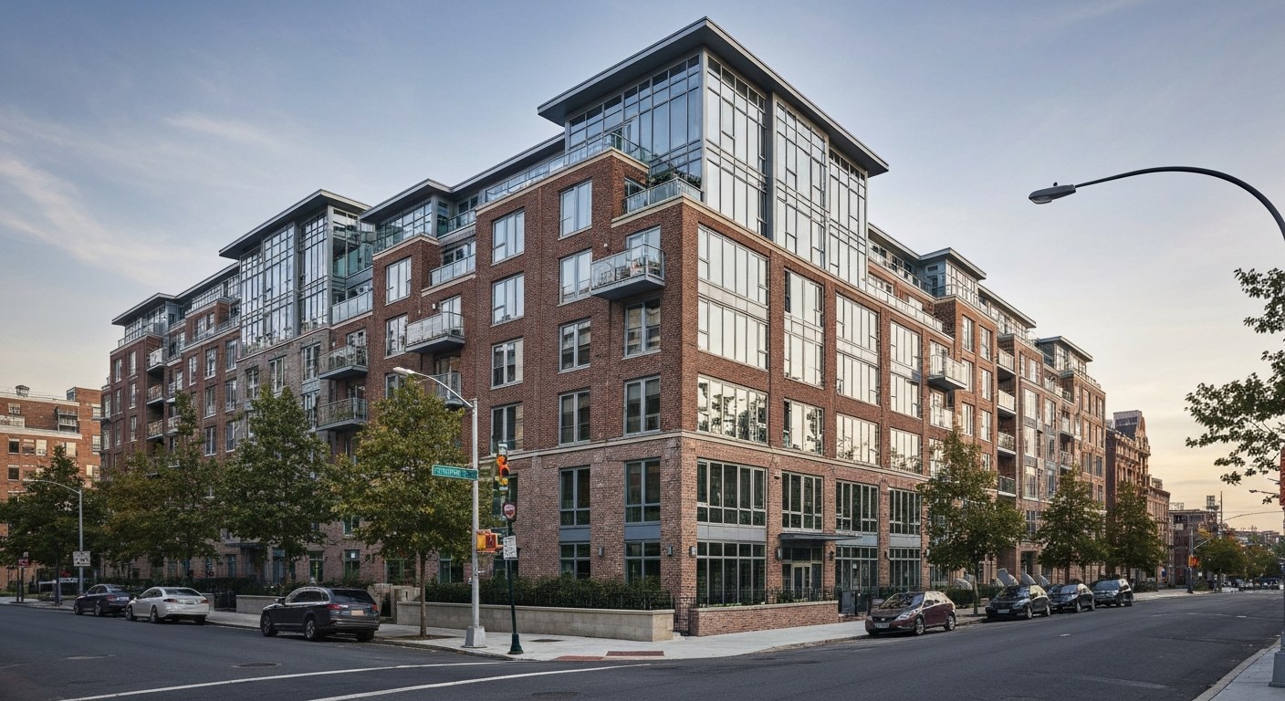 elegant modern residential building with brick and glass facade on a quiet street, New York