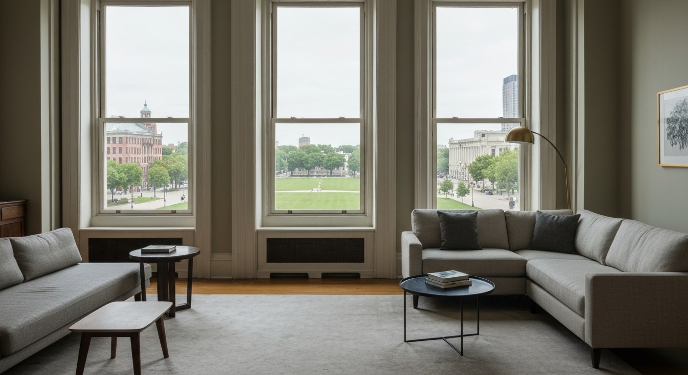 classic apartment living room with tall windows overlooking a green square