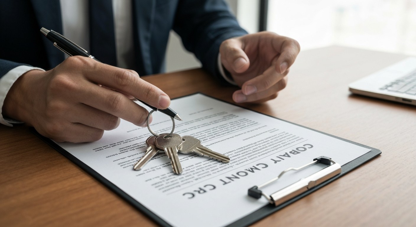 real estate contract review with keys and documents on a wooden desk