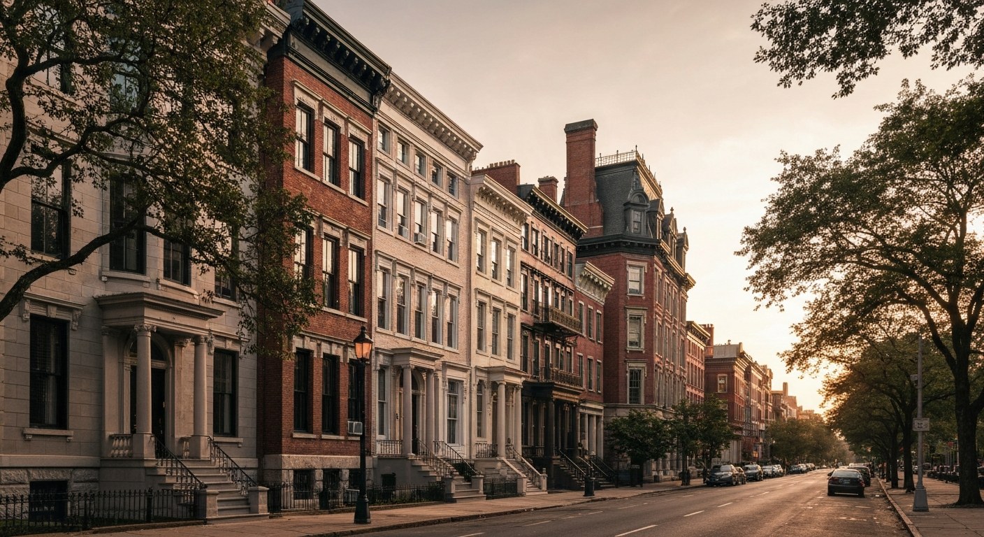 historic New York townhouses on a tree lined street at golden hour
