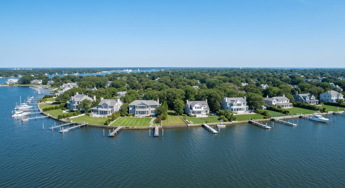 waterfront peninsula neighborhood with large houses and boats, North Shore Long Island