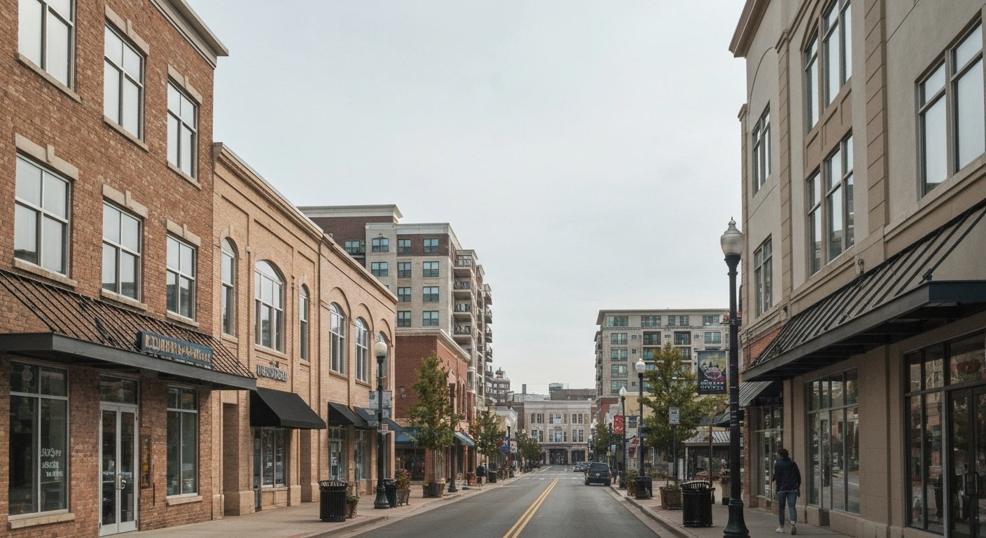 walkable suburban downtown street with shops and mid-rise apartment buildings