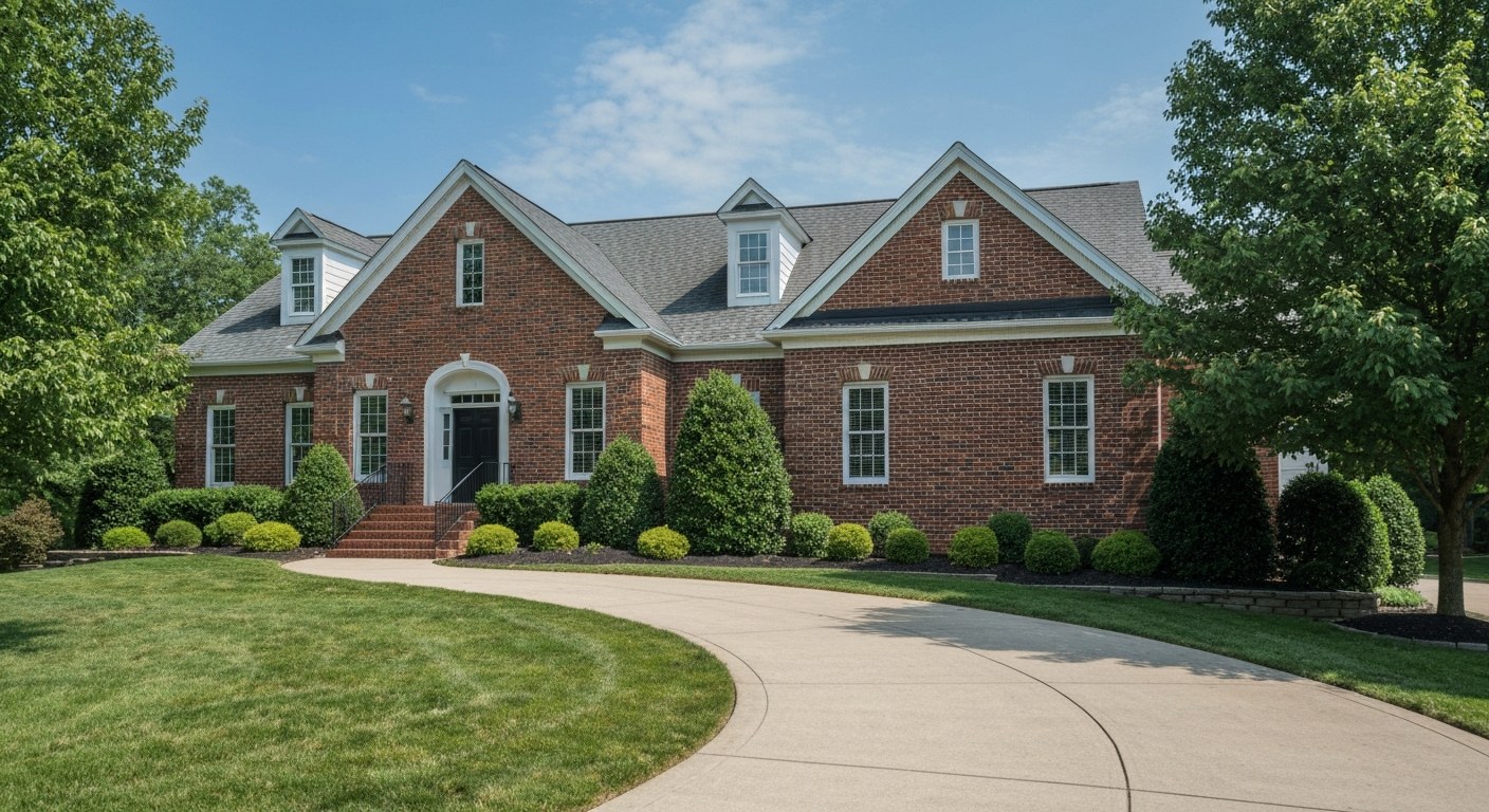 elegant brick colonial house with landscaped front yard and driveway, sunny day
