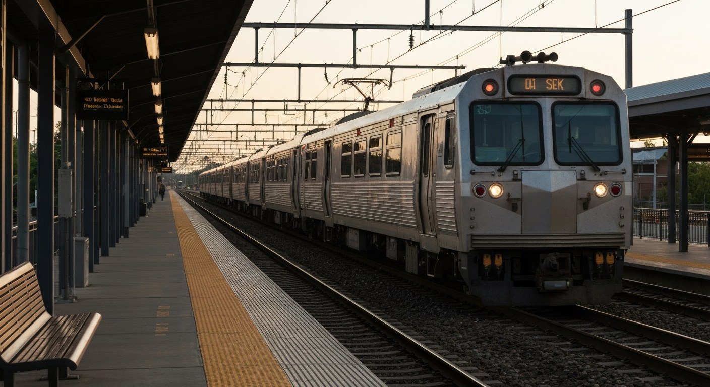 commuter train arriving at a suburban station platform in the morning