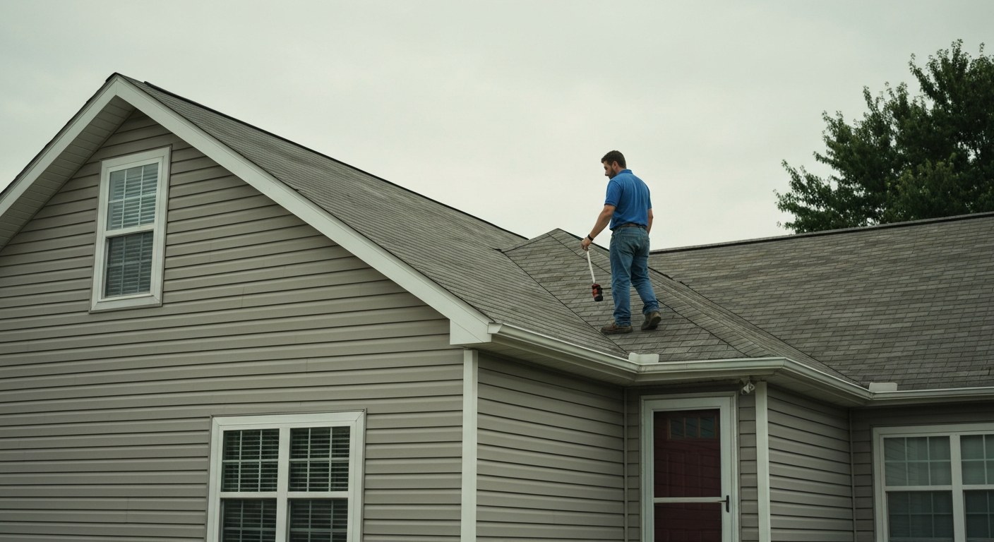 house inspection with a professional checking the roof and exterior, suburban home