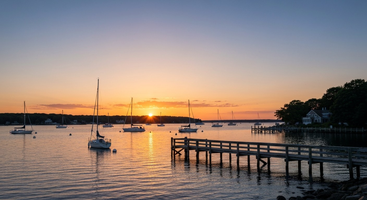sunset over a bay with sailboats and a wooden pier, Long Island Sound