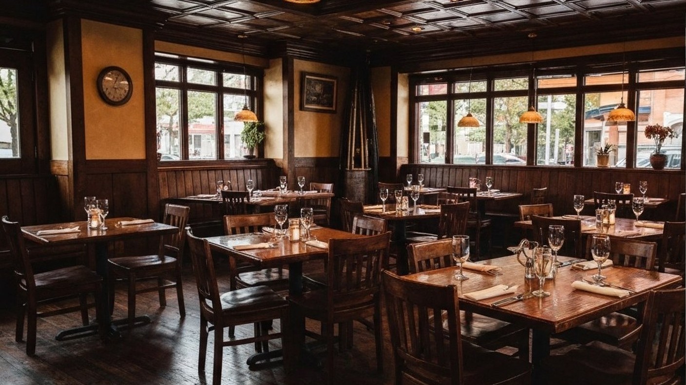 classic steakhouse dining room with wooden tables and warm lighting