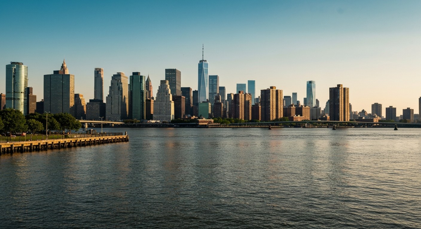 Greenpoint Brooklyn waterfront with Manhattan skyline across East River, golden hour