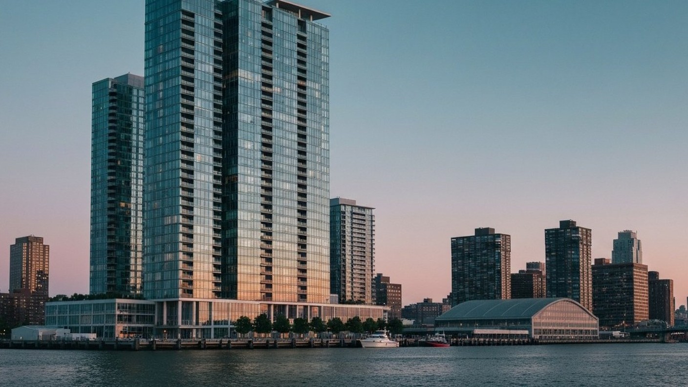 tall modern glass residential tower by the waterfront, Brooklyn, dusk