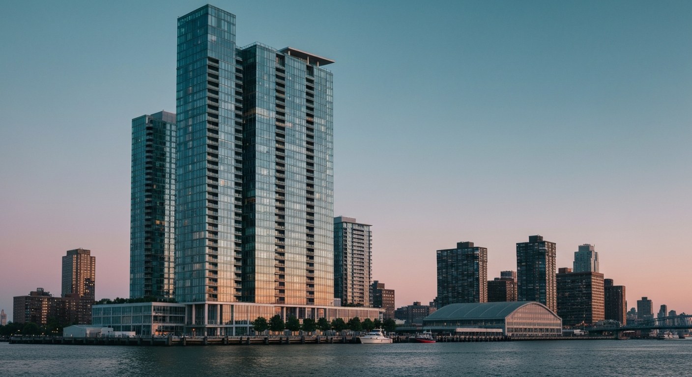 tall modern glass residential tower by the waterfront, Brooklyn, dusk