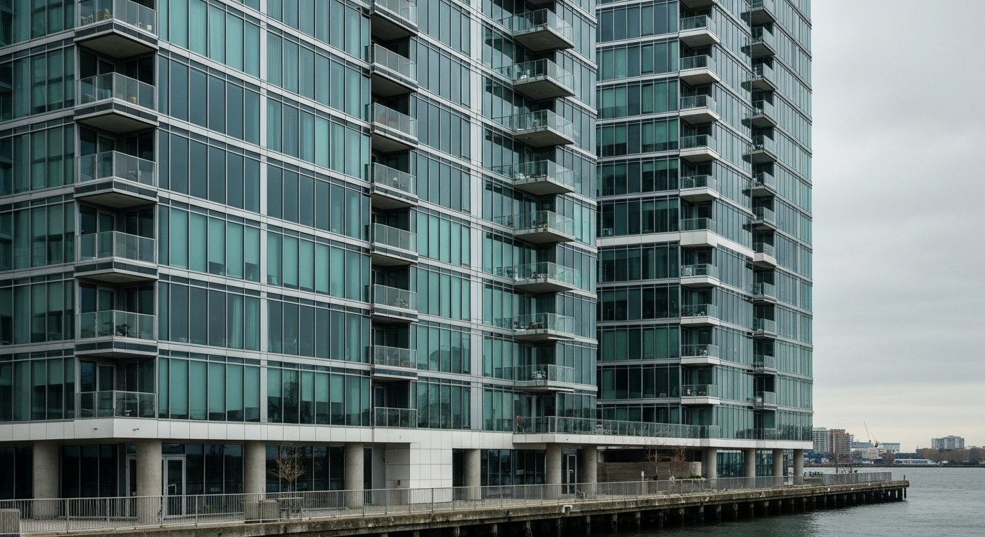 modern Brooklyn condominium building exterior, glass facade, waterfront