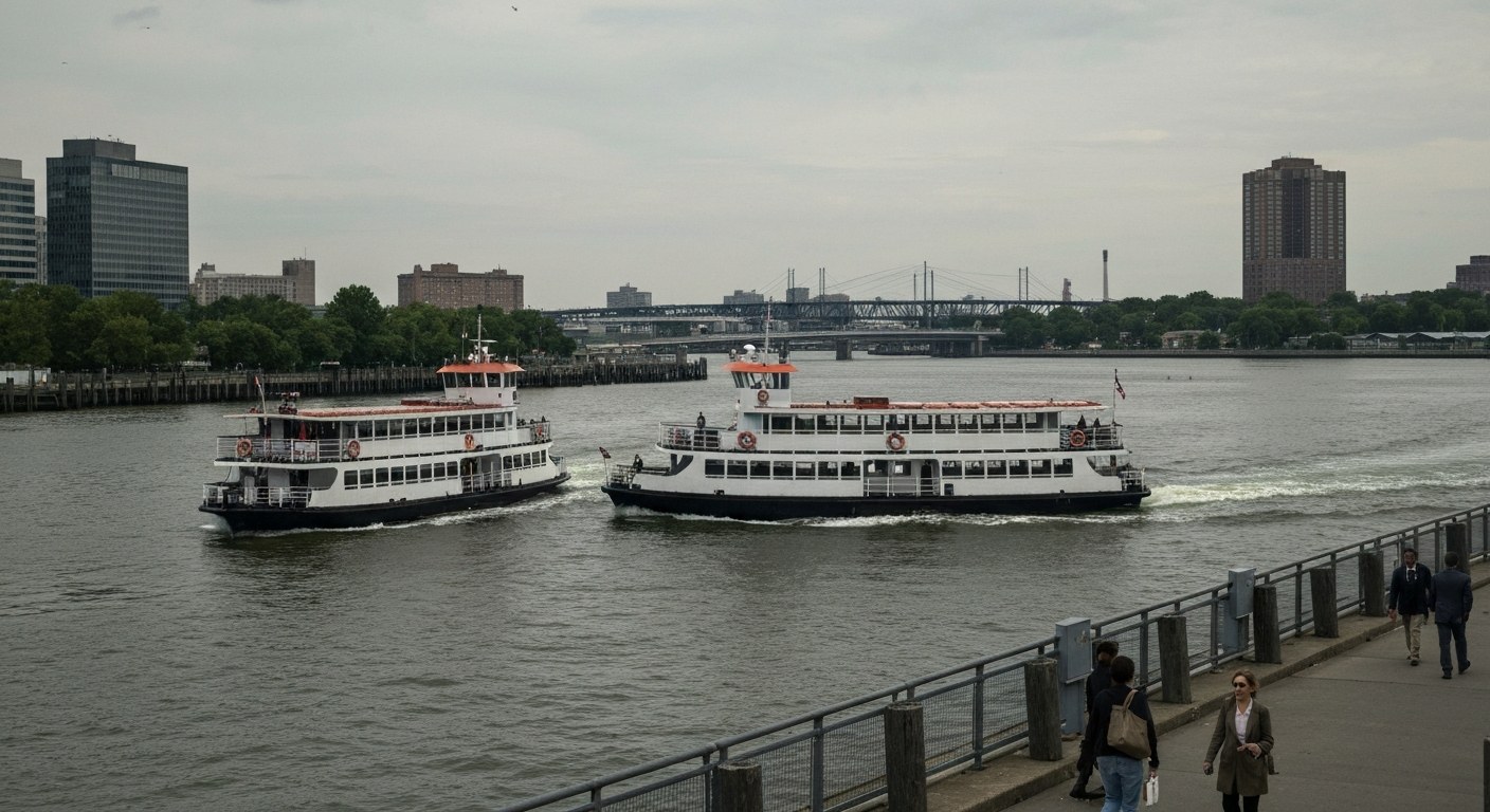 NYC ferry boat on East River approaching Brooklyn pier, commuters