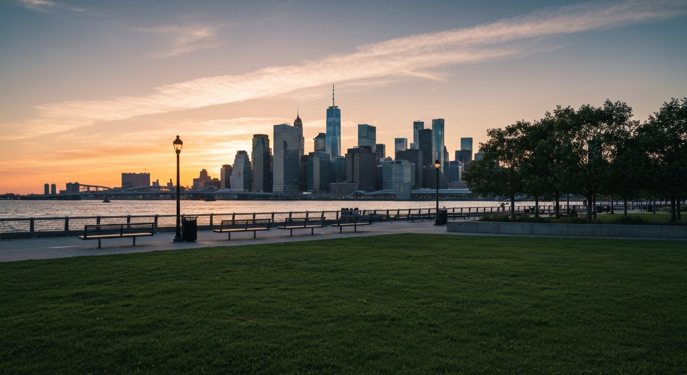 Brooklyn waterfront park at sunset, Manhattan skyline in distance