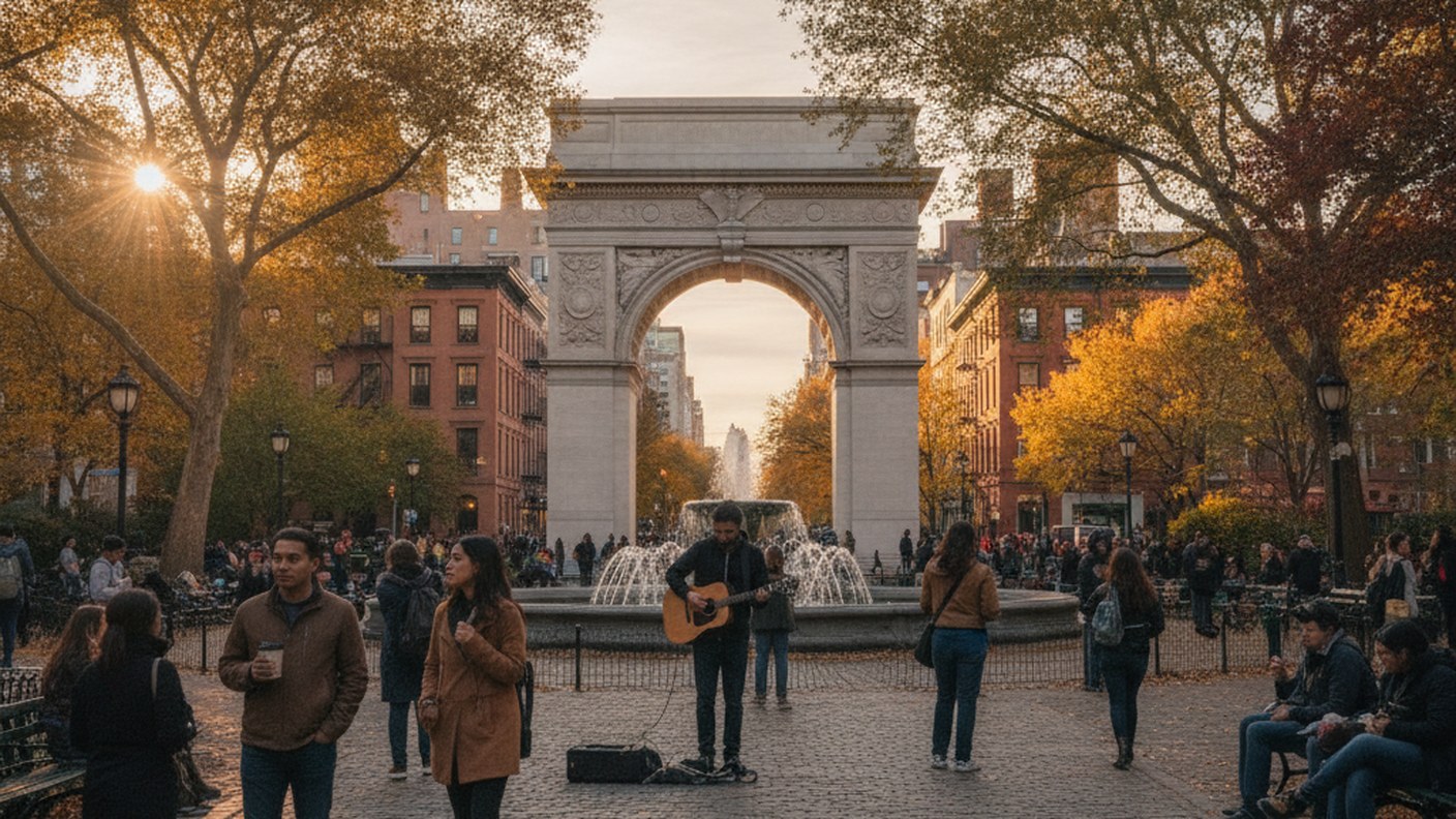 Washington Square Park arch with people and trees, autumn afternoon in Greenwich Village