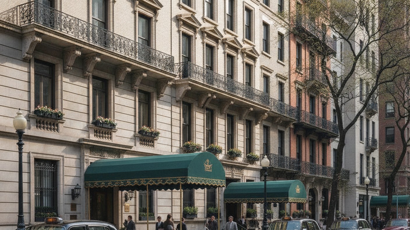 elegant pre-war apartment buildings on lower Fifth Avenue with doorman awnings, classic architecture