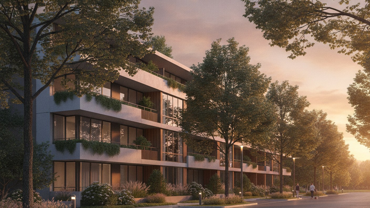 low-rise modern condominium building on quiet tree-lined Village street, warm evening light