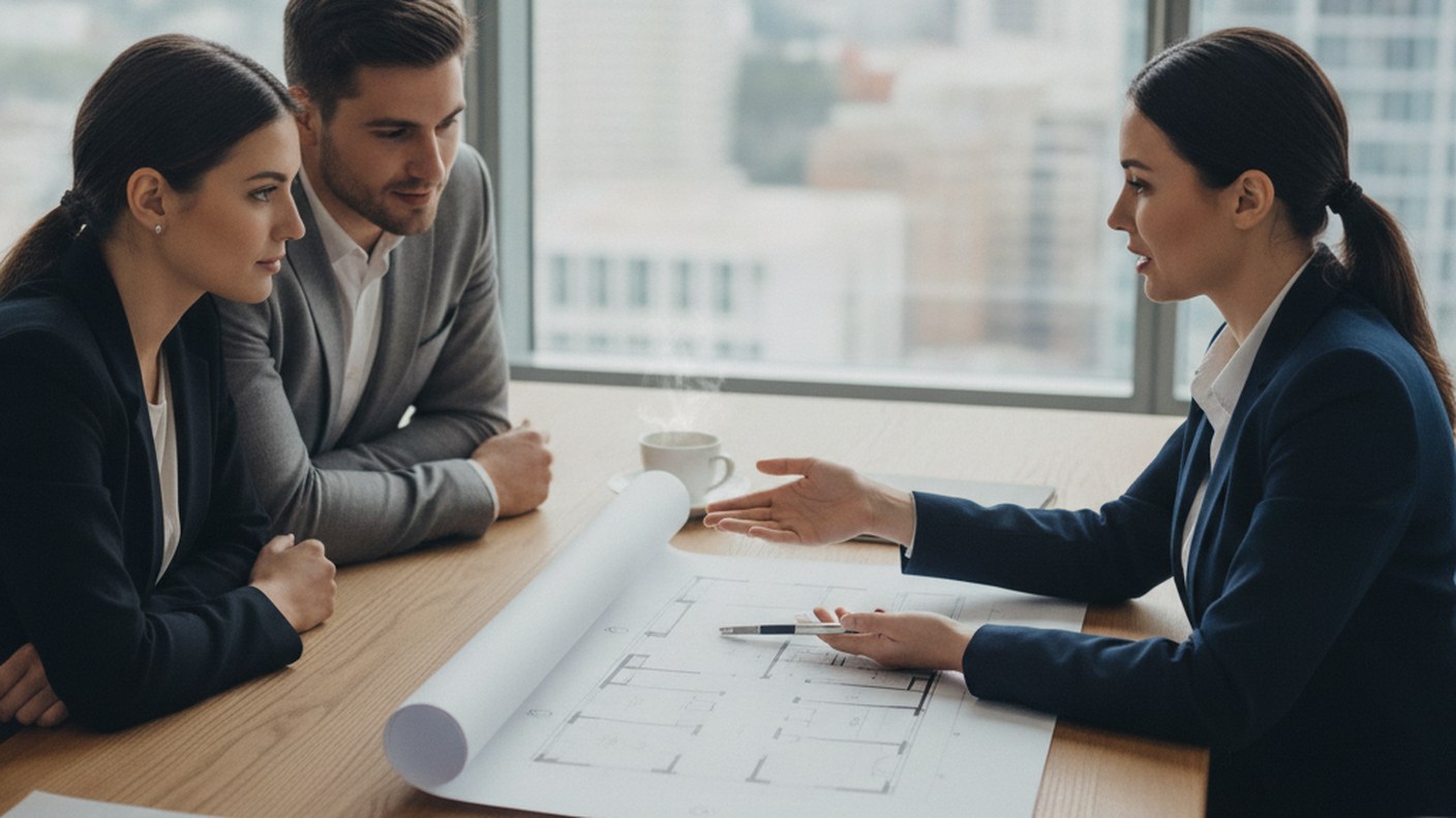 real estate agent showing apartment floor plan to clients at desk, professional consultation