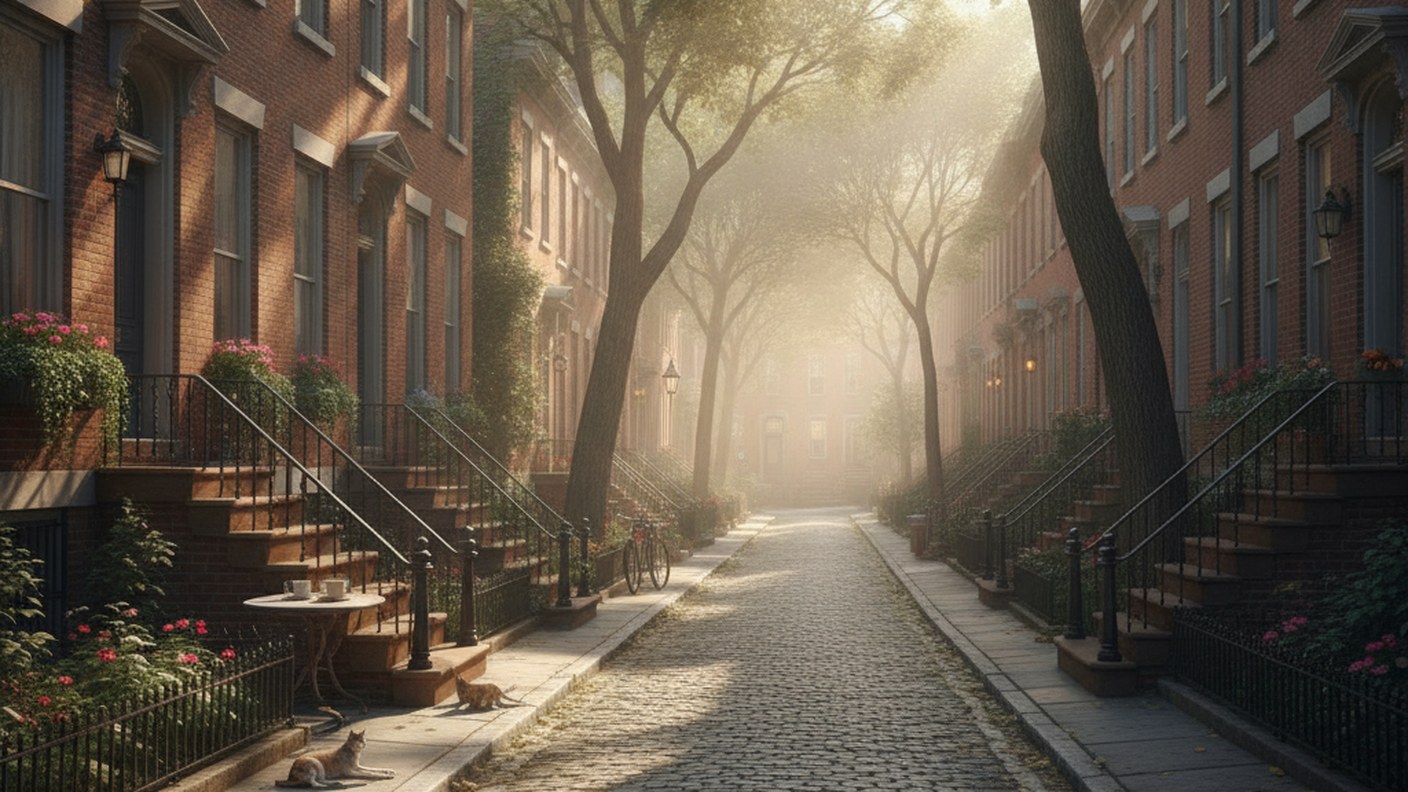 quiet Village side street with brick townhouses and stoops, soft morning light