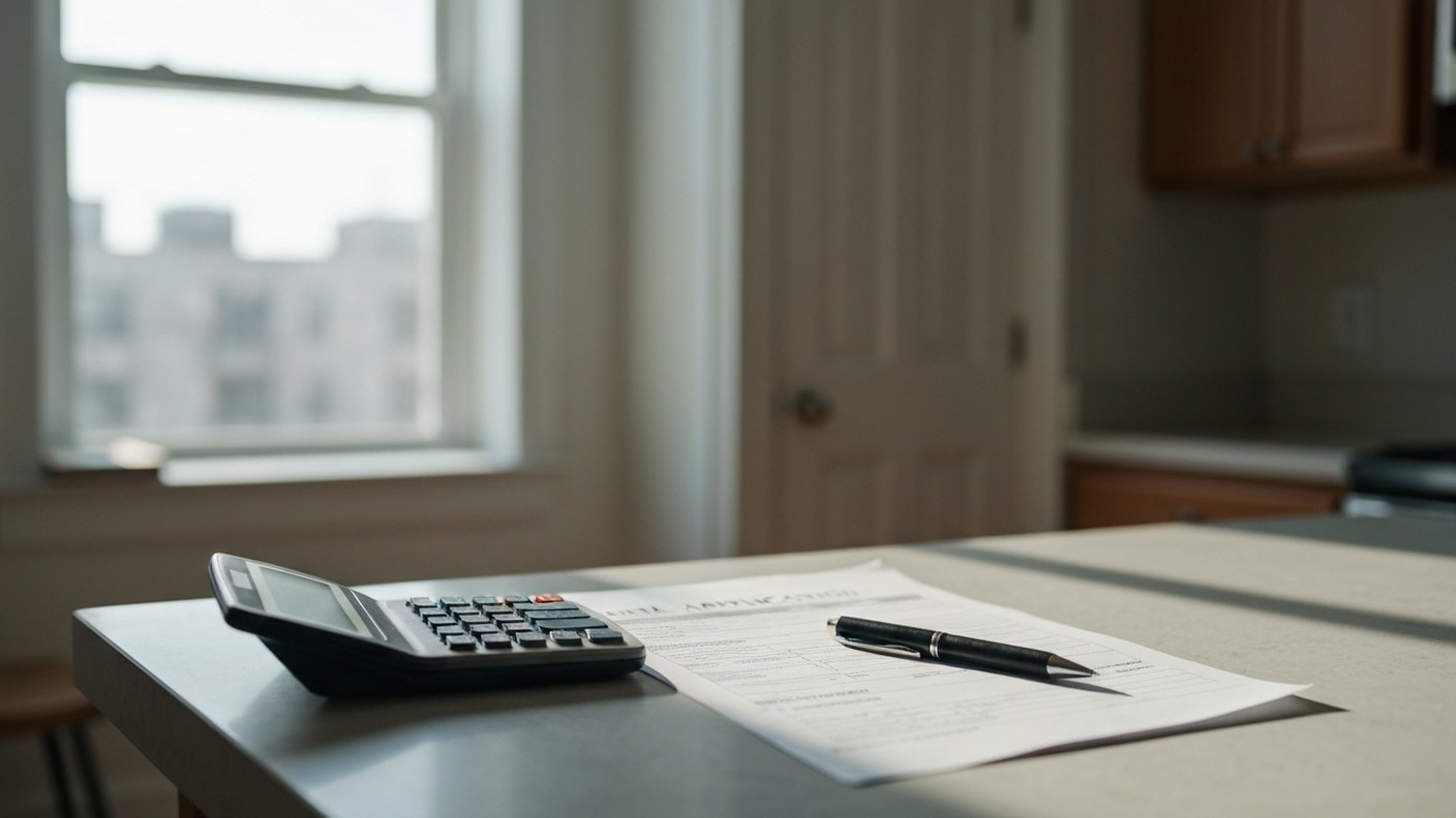 A rental application form with a calculator and pen on a kitchen counter in a bright New York apartm