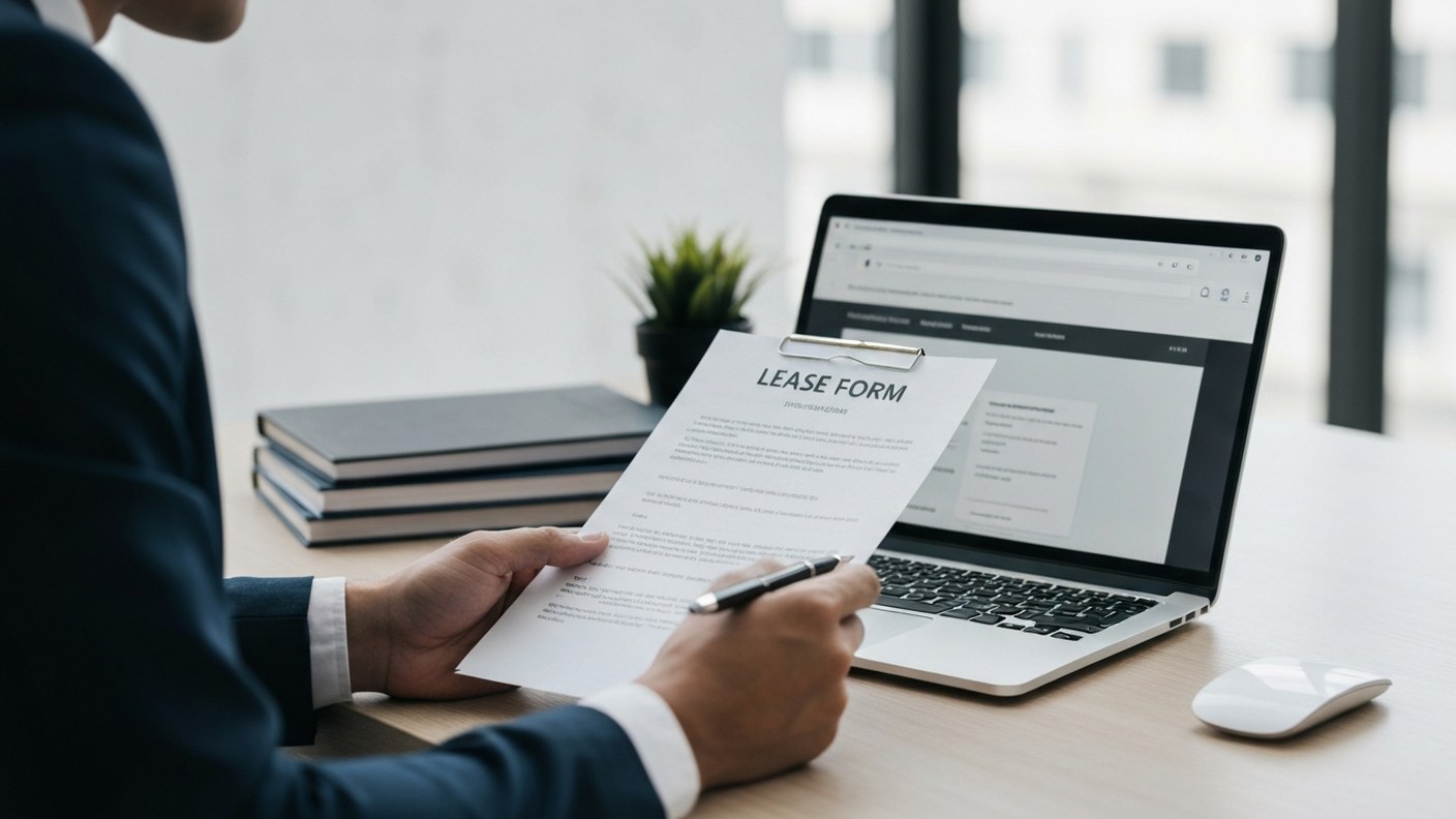 A professional reviewing an insurance style agreement document at a modern office desk, laptop showi