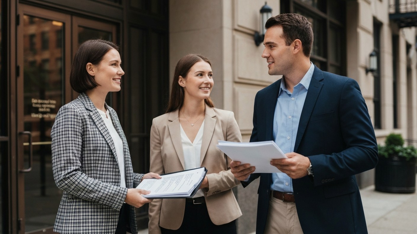 A young professional couple talking with a rental agent in front of an apartment building entrance i
