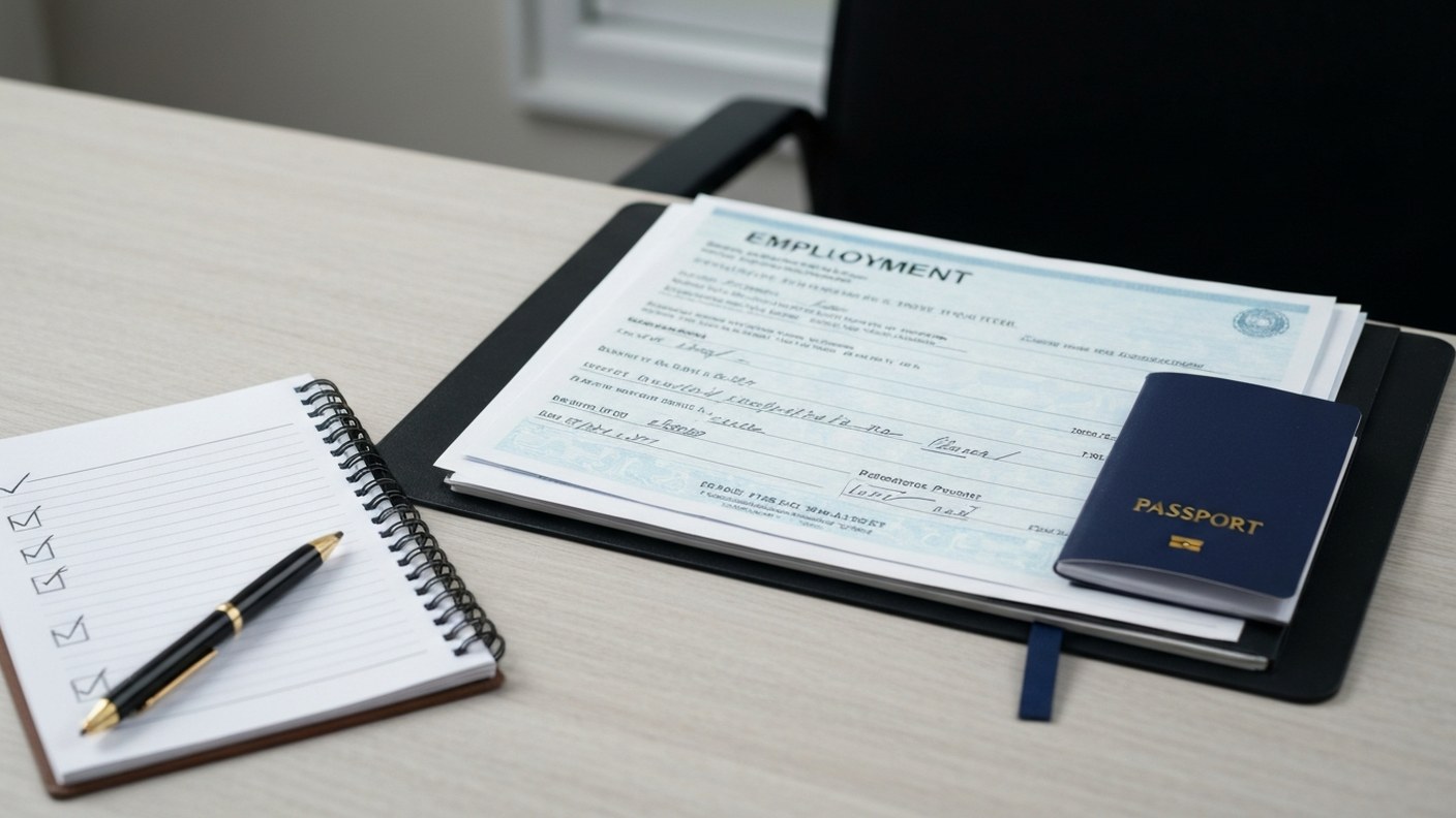 Neatly organized folder with employment letter, bank statements and passport on a desk, checklist no