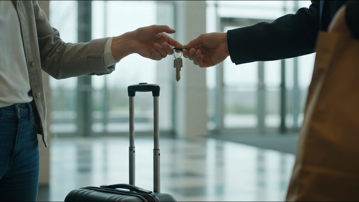 A person receiving apartment keys with a small smile in a bright lobby, suitcase beside them, new be