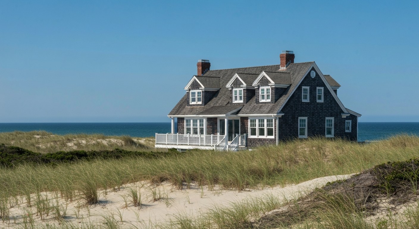 shingle style beach house behind dunes with ocean in the background, summer