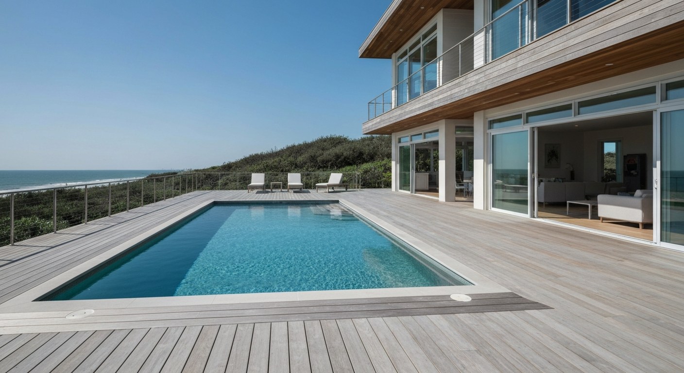 luxury modern beach house with a swimming pool and deck, clear summer day