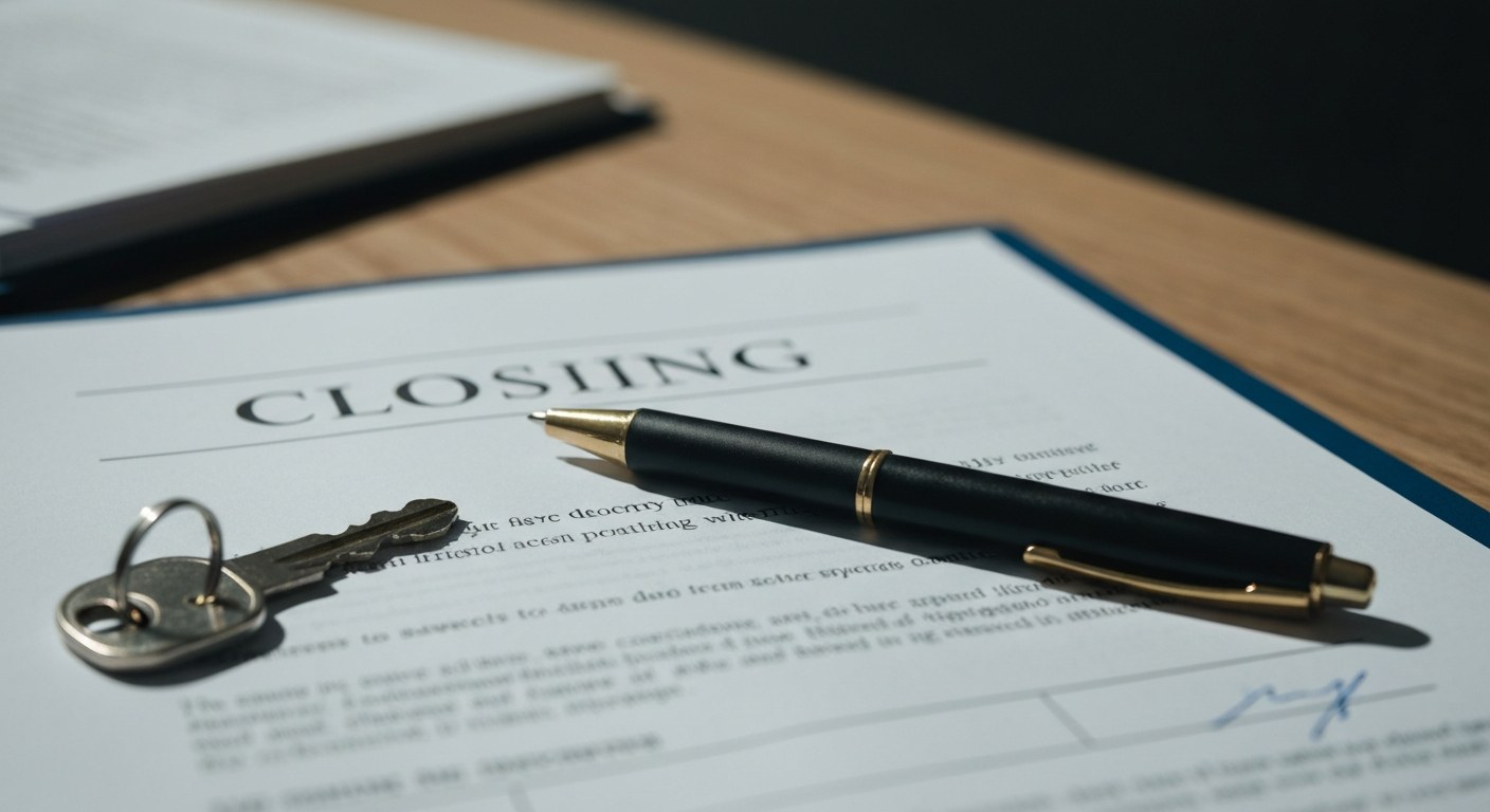 closing documents and a pen on a table with a house key, natural light