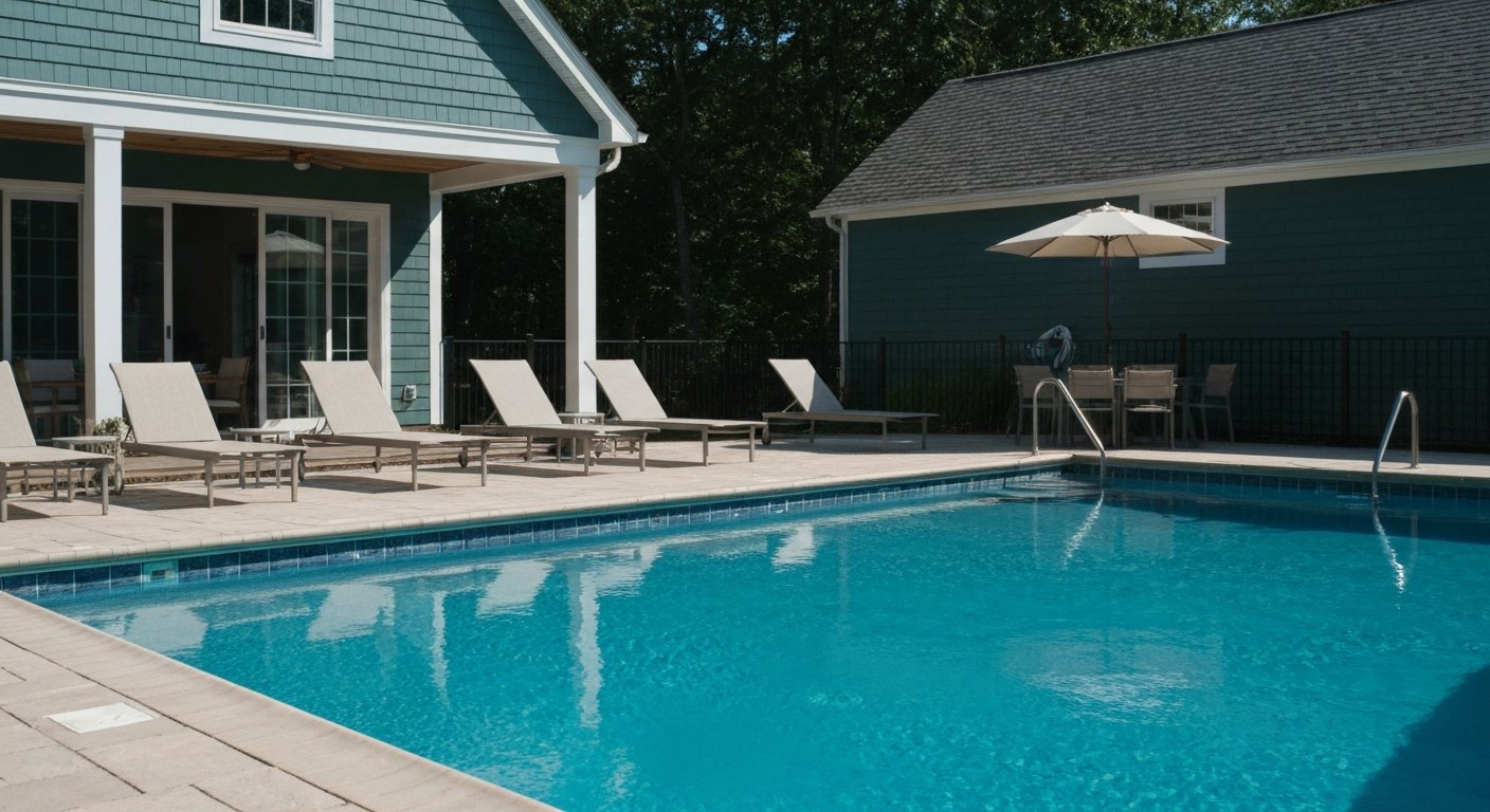 outdoor pool and lounge chairs at a summer rental house, sunny afternoon
